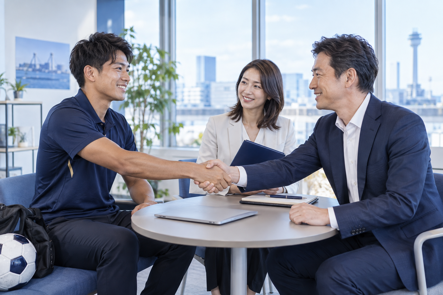 職場で選手と企業の担当者が握手し、仕事と競技の両立について話すイメージ